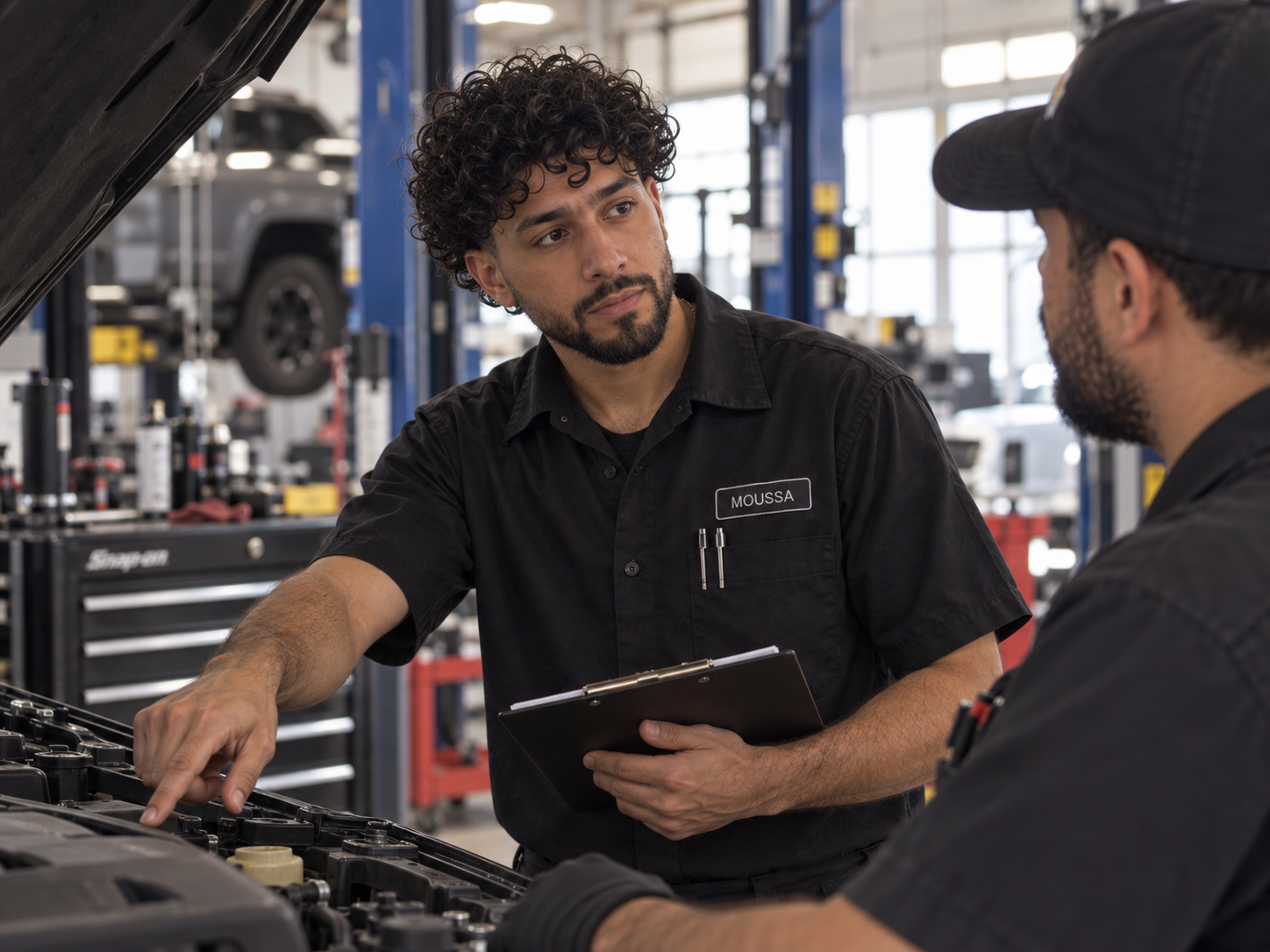 Moussa speaking with a team member in the shop
