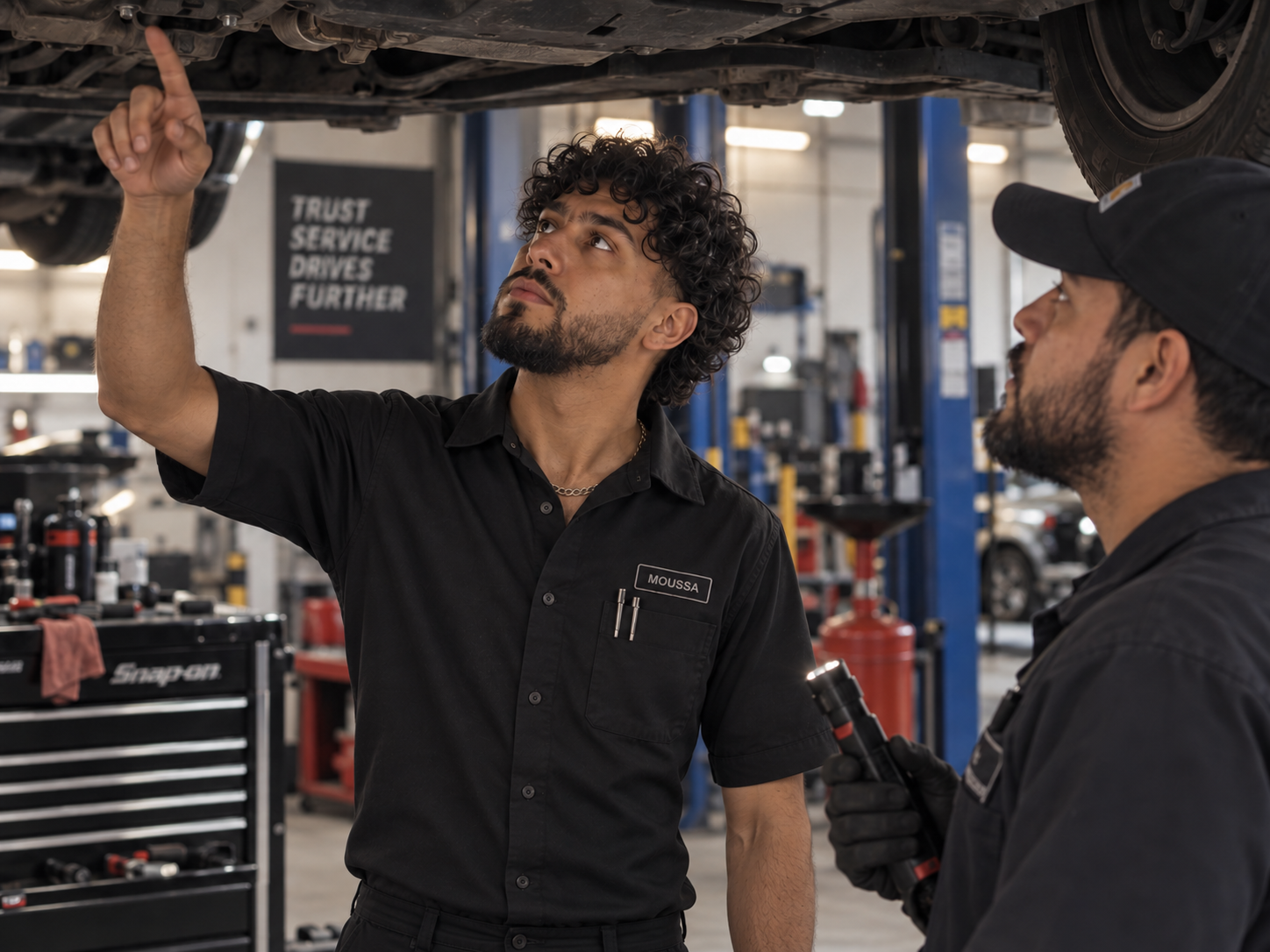 Moussa working under a lifted vehicle with a team member